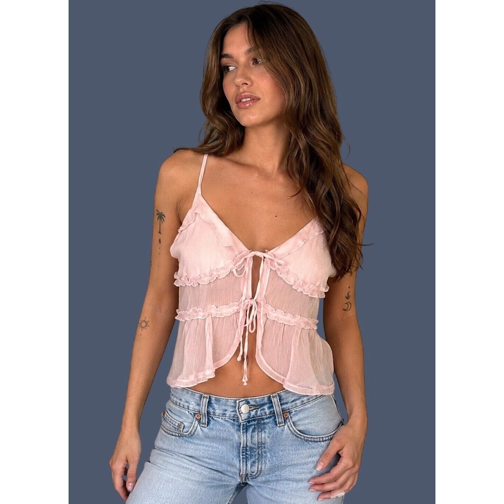 Pink Babydoll Y2K Tie Front‎ Cami XL Sheer Ruffle Open Front Fairycore Coquette